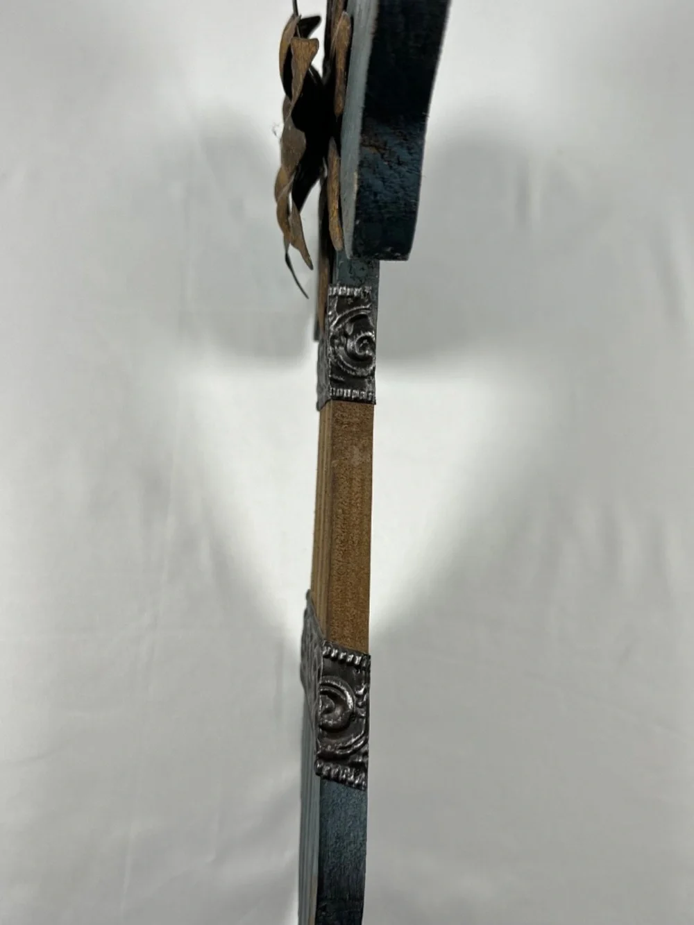 Wooden Cross 20 inches Metal Flower Metal Bands Wall Hanger Rustic Blue Brown